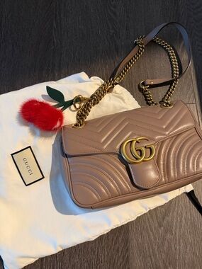 Gucci Taupe Matelassé GG Marmont Shoulder Bag with Gold Hardware with Cherry